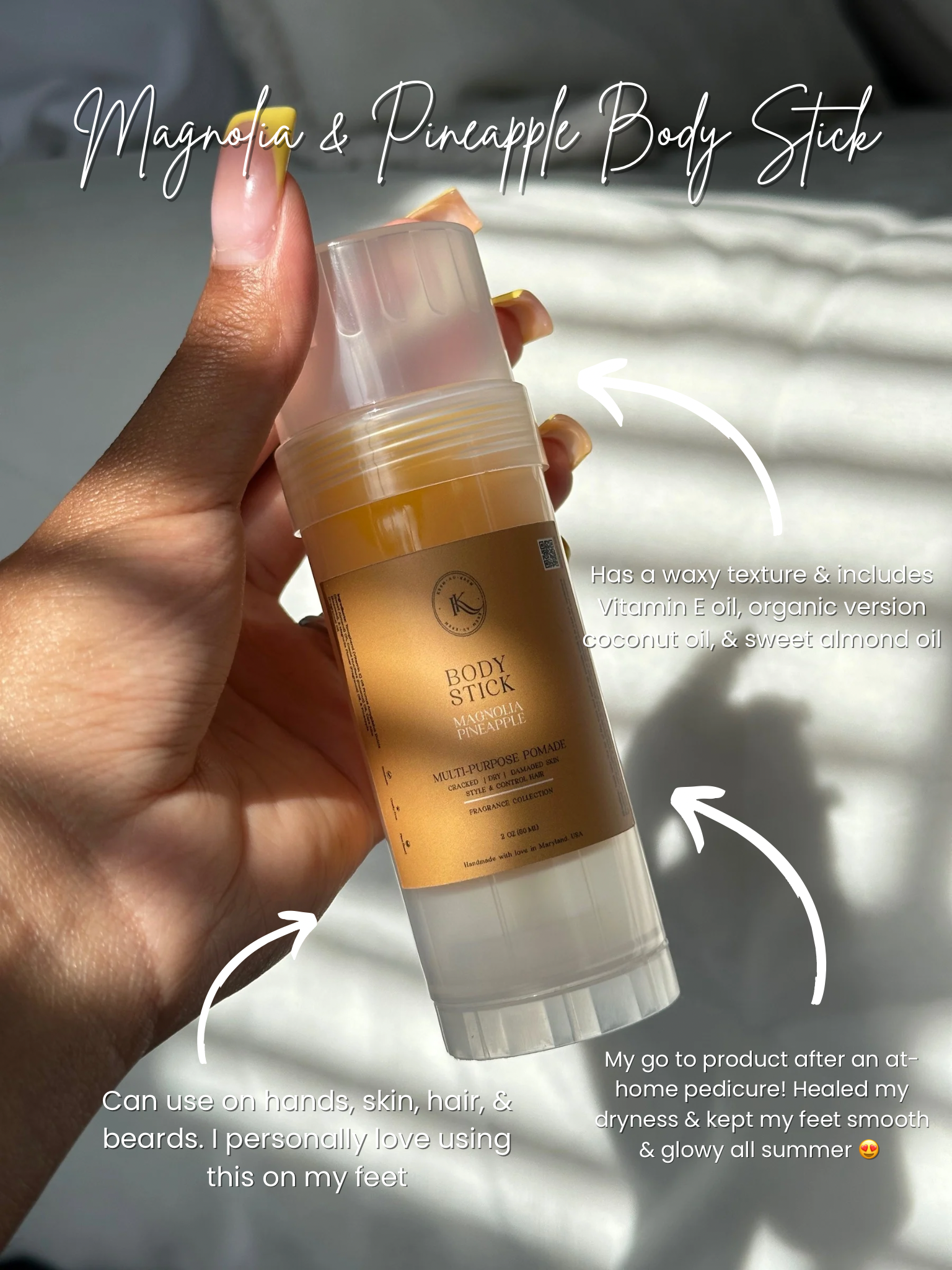 body stick; body balm; moisturizing balm; hydrating balm; healing balm; scented balm; beeswax balm; vitamin e oil; sweet almond oil; coconut oil; rollup stick; travel balm