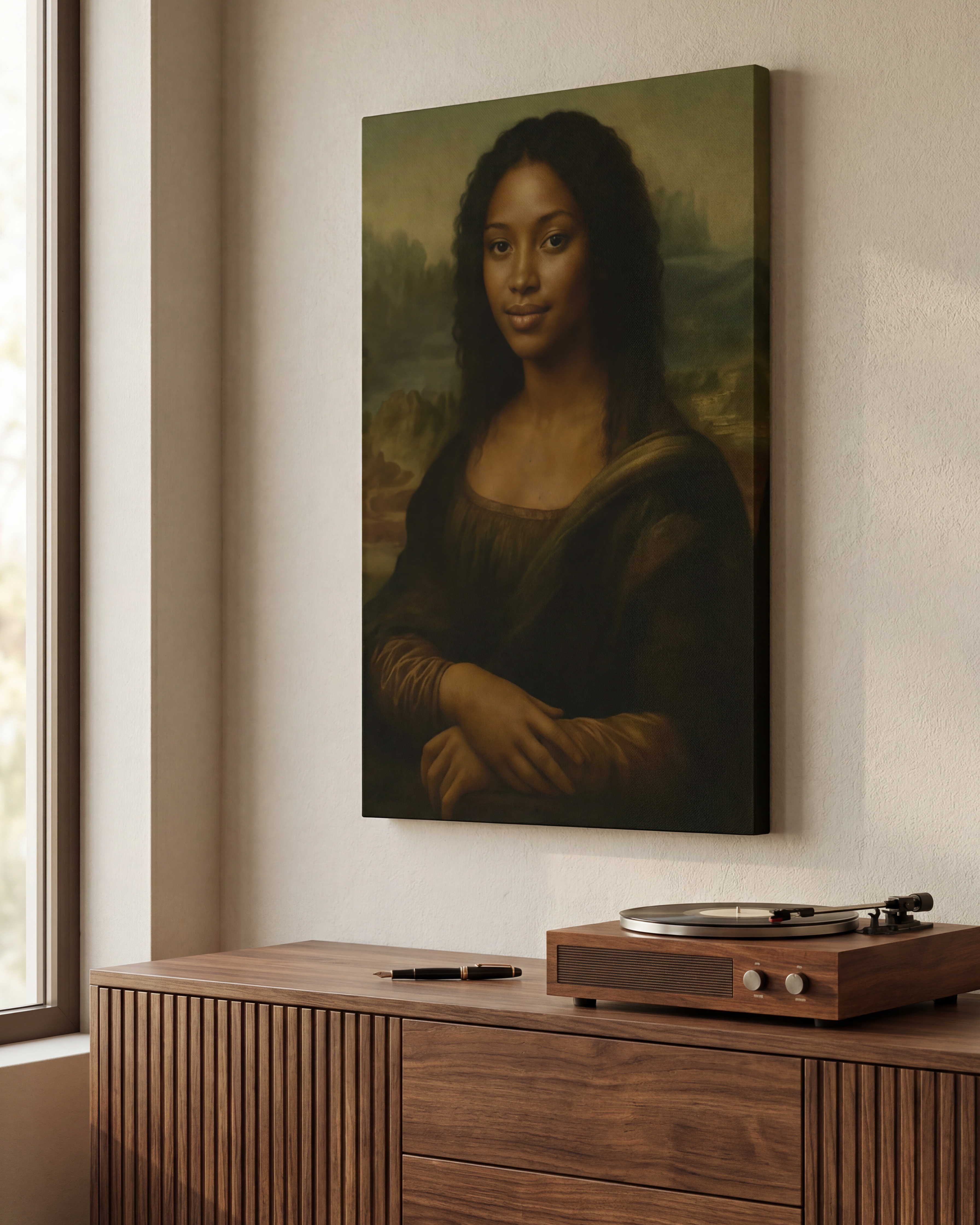 Artistic depiction of a woman resembling the Mona Lisa on a wall above a wooden cabinet.