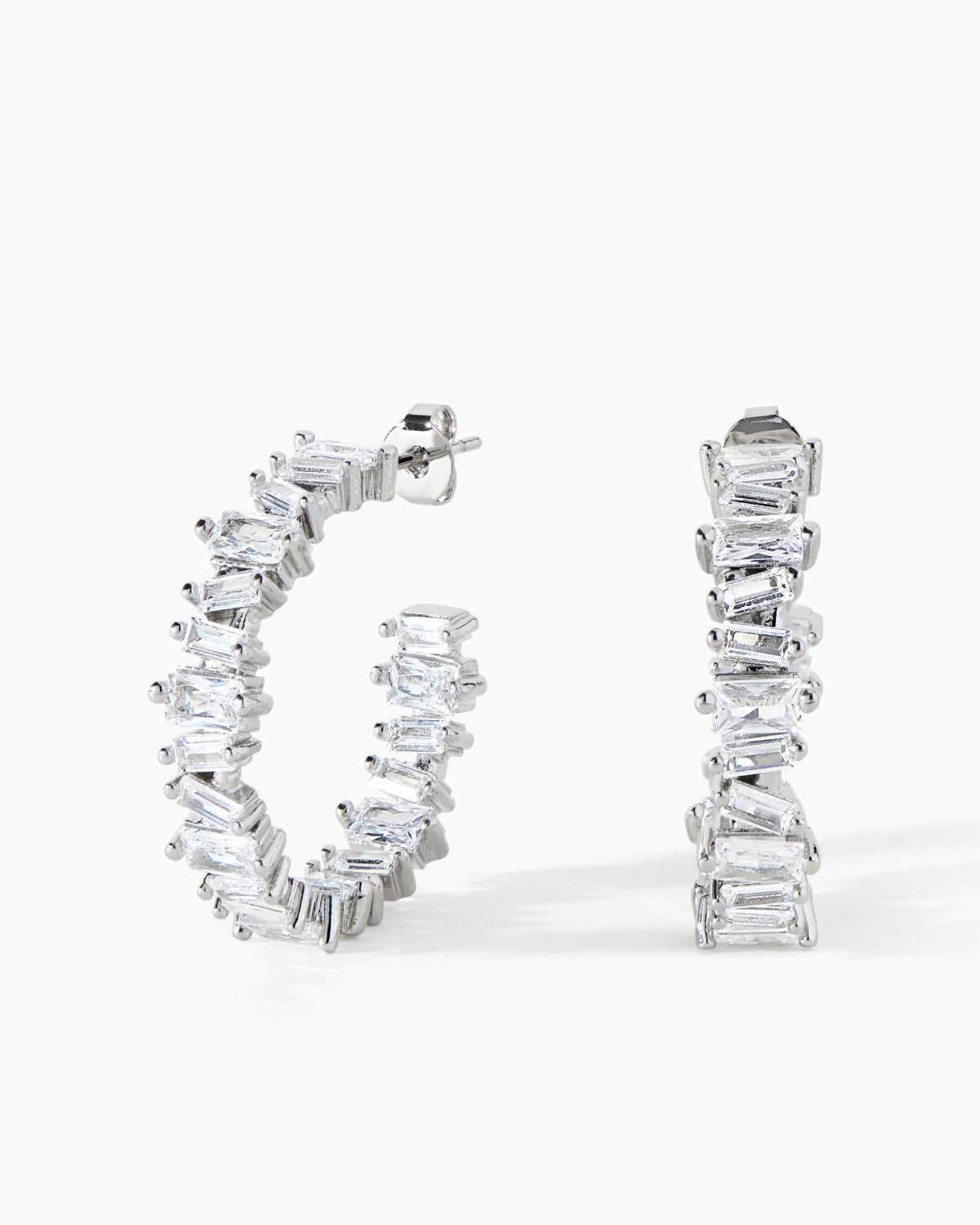 Ora Ana Clarity Hoop Earrings in polished rhodium silver set with white CZ baguettes