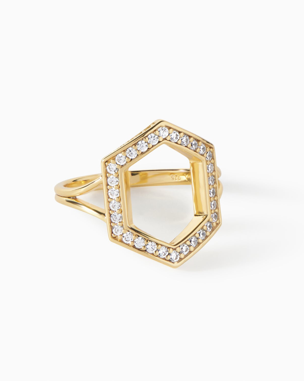 Detail of the open hexagon form on the gold vermeil Ora Ana Donna Ring