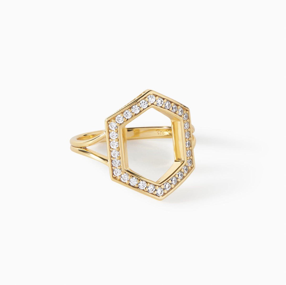 Detail of the open hexagon form on the gold vermeil Ora Ana Donna Ring