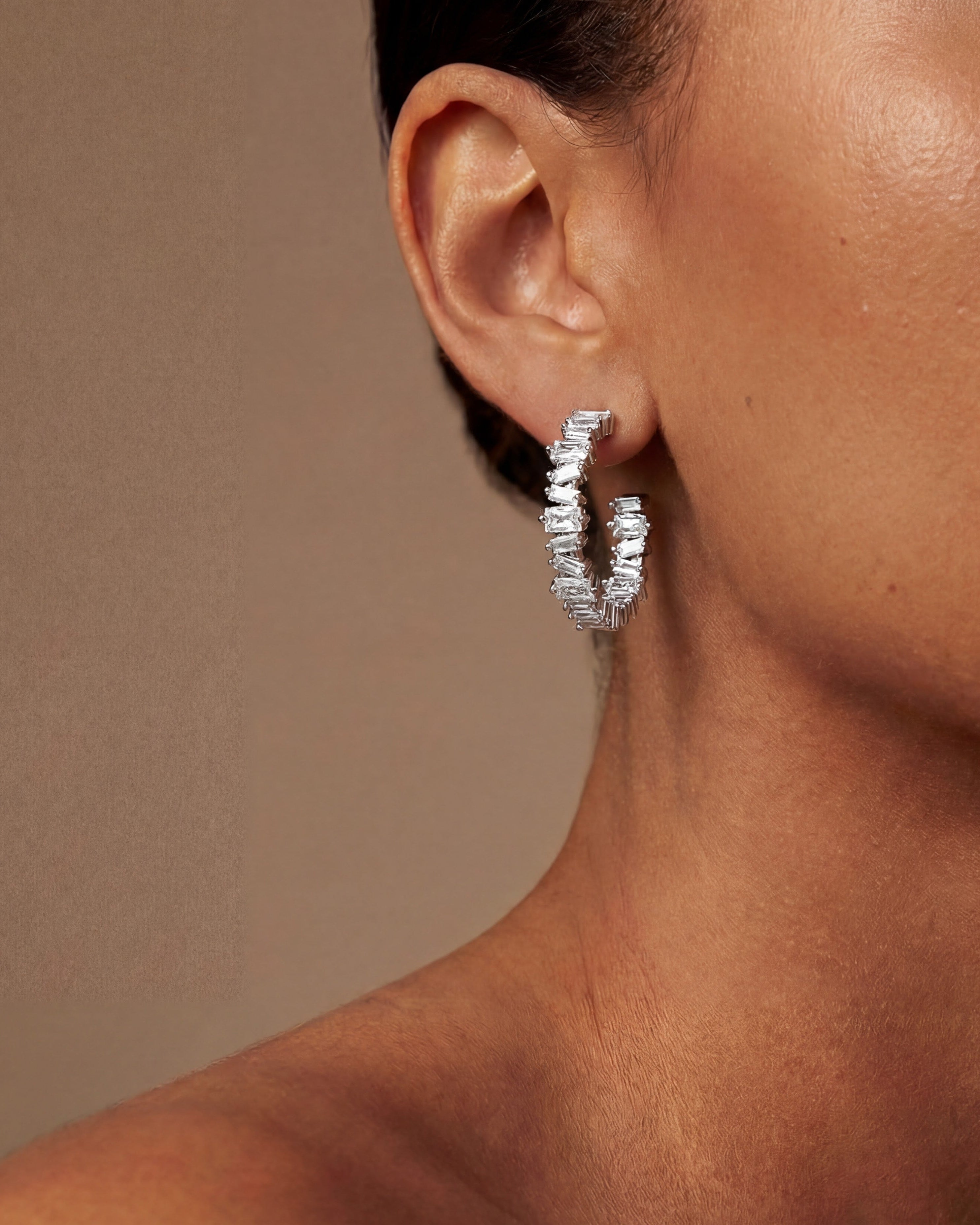 Clarity Hoop Earrings by Ora Ana, smooth polished hoop with baguette cut stones