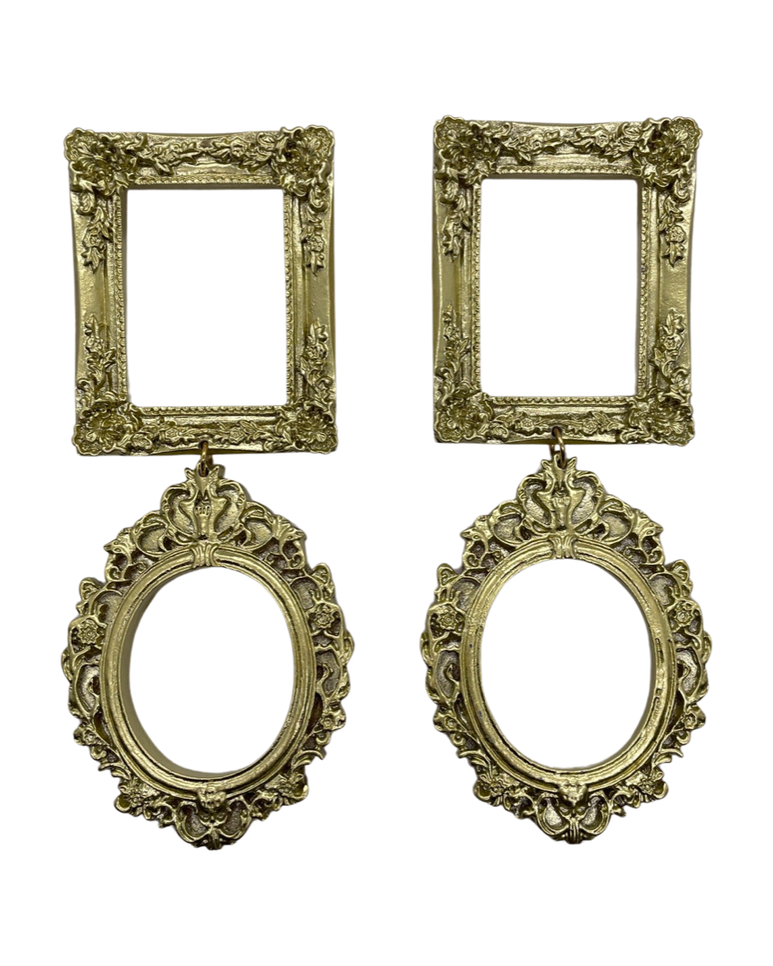 Cree & Company Framed two-piece gold statement earrings, approximately 5 inches long