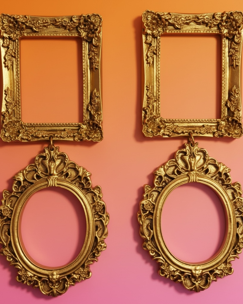 Framed gold statement earrings by Cree & Company, alternate view