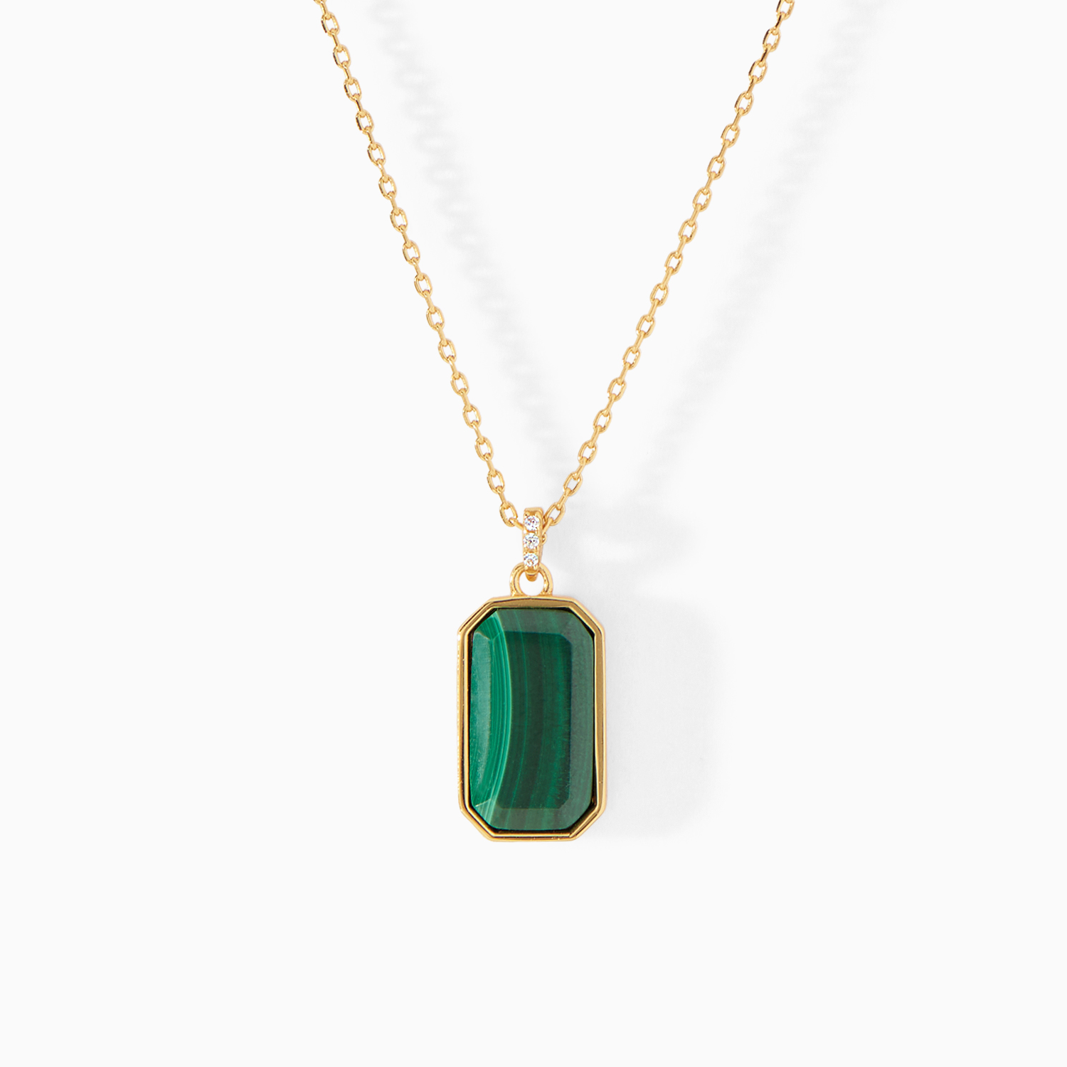Detail of the malachite pendant on the Ora Ana Tessa Tag Necklace