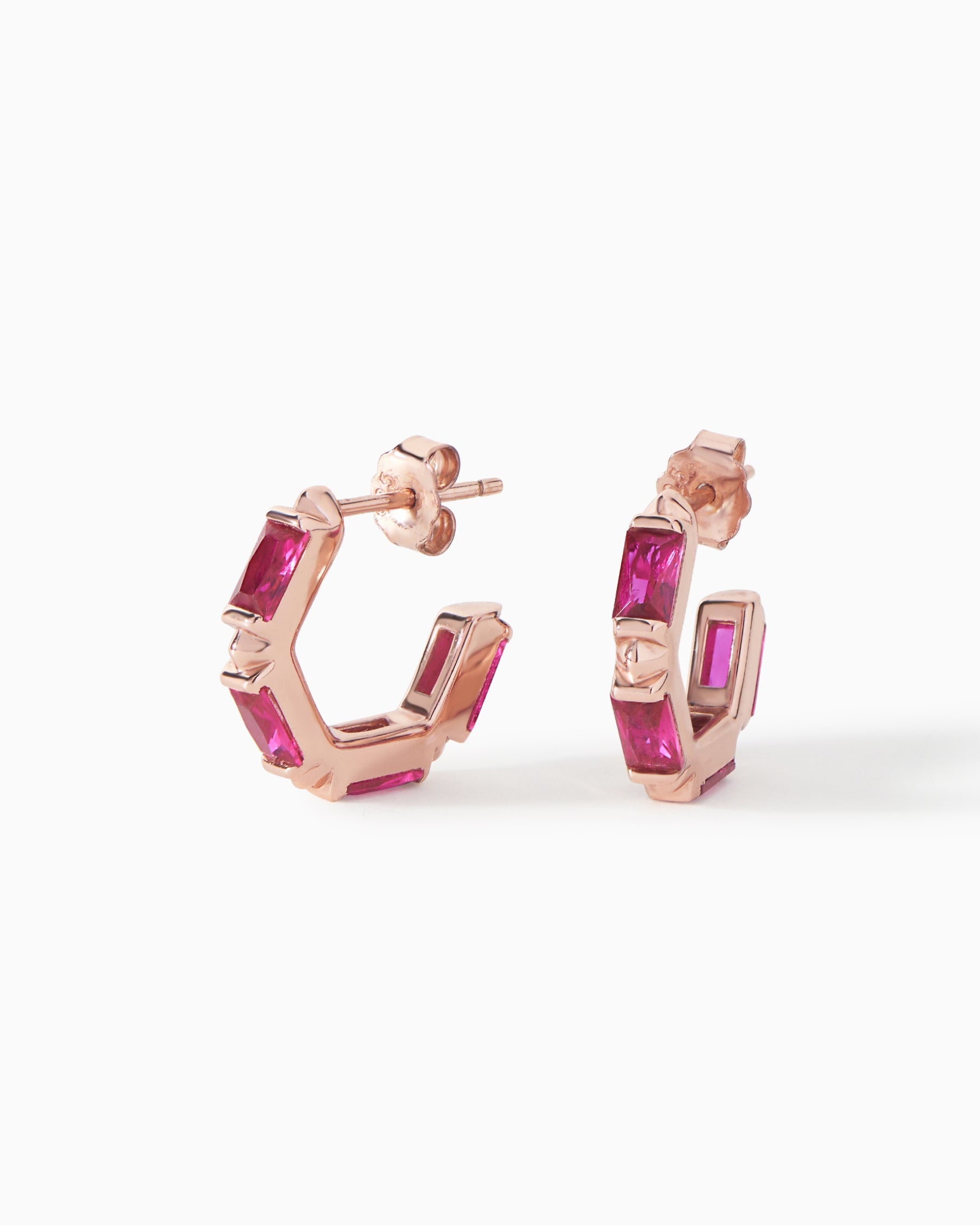 Claire Huggie Hoops in rose gold vermeil with ruby CZ from Ora Ana