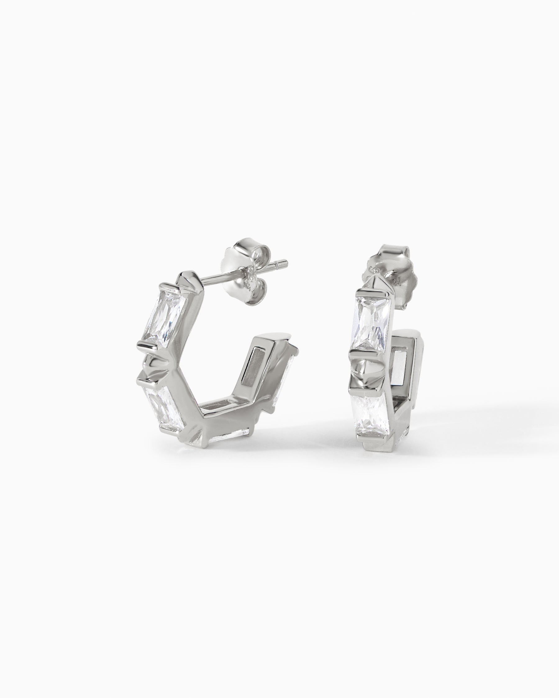 Claire Huggie Hoops with white CZ stones, close detail, Ora Ana