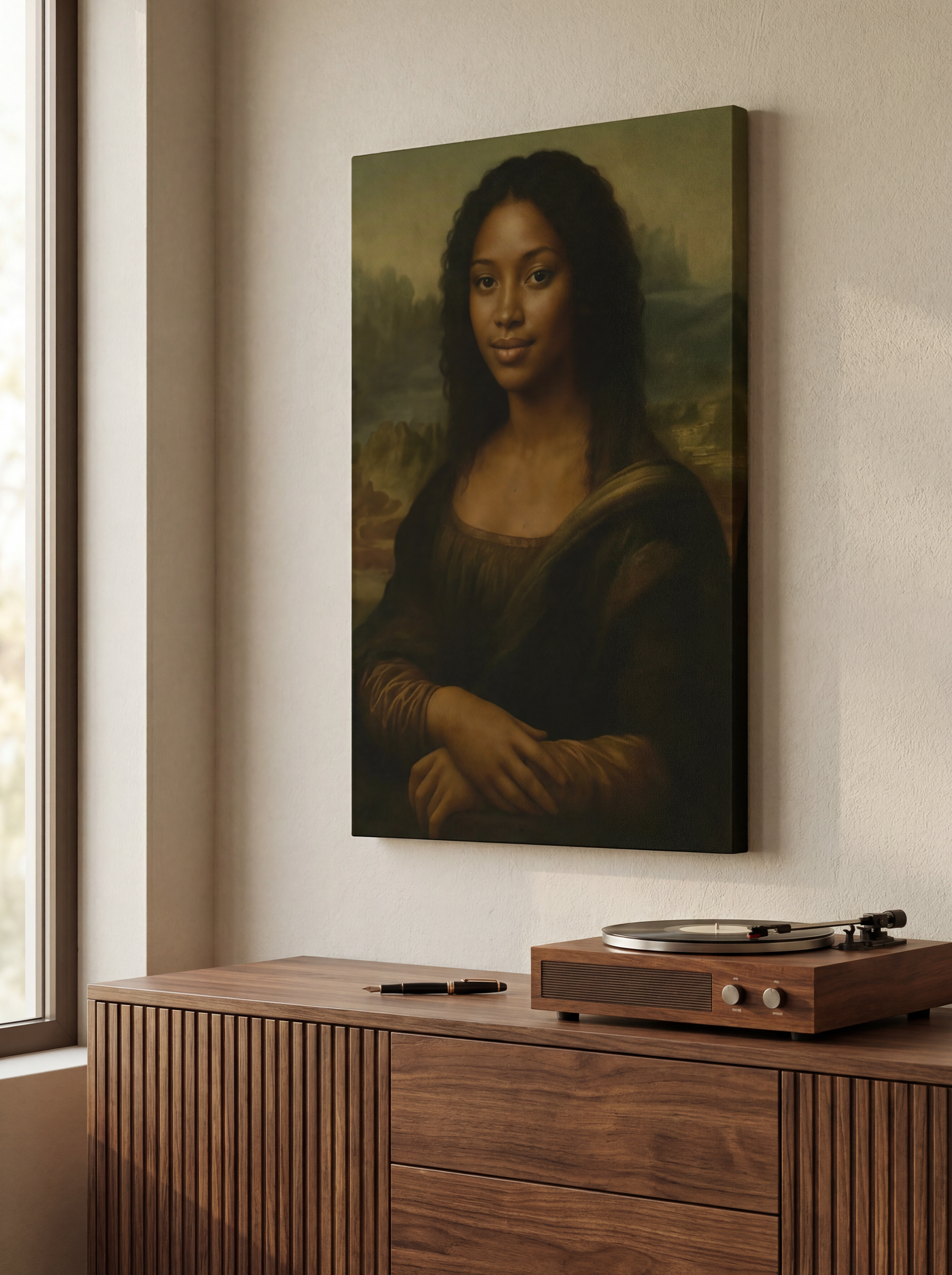 Artistic depiction of a woman resembling the Mona Lisa on a wall above a wooden cabinet.