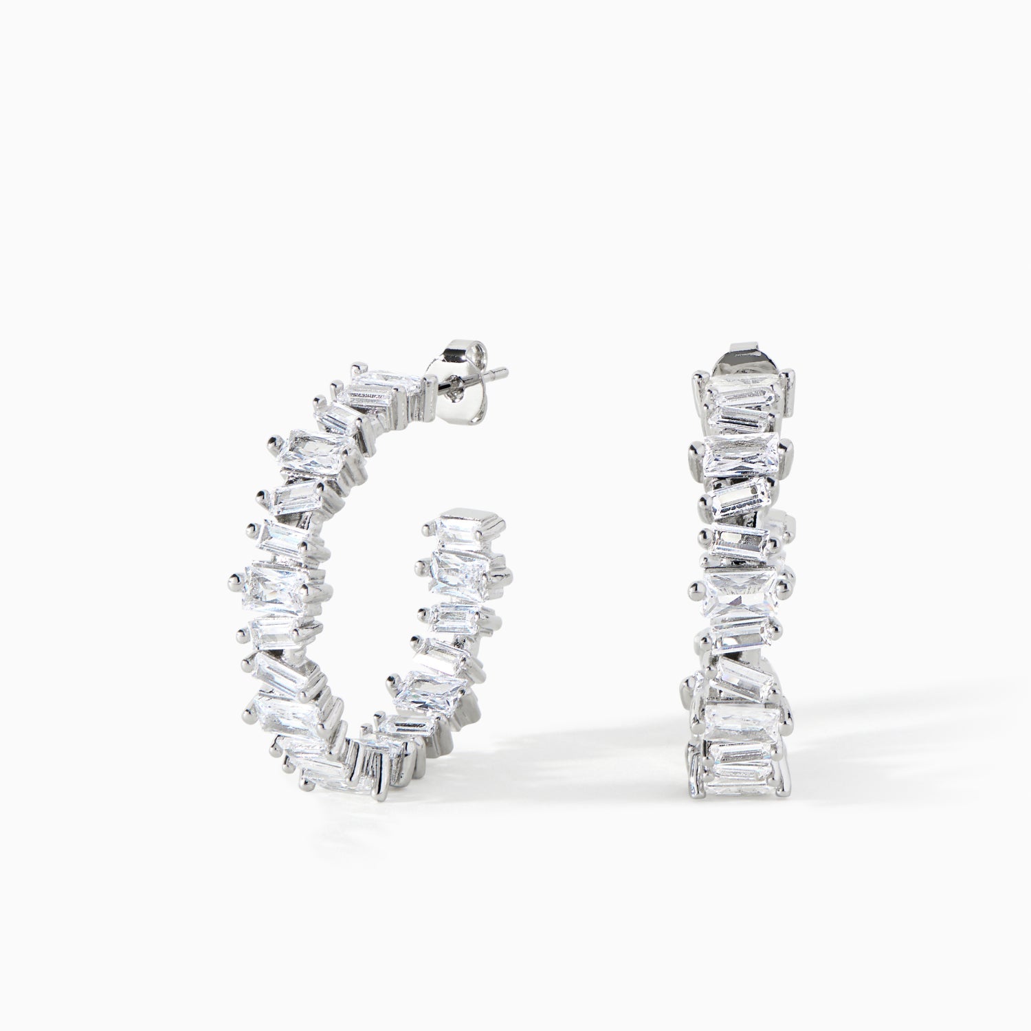 Ora Ana Clarity Hoop Earrings in polished rhodium silver set with white CZ baguettes
