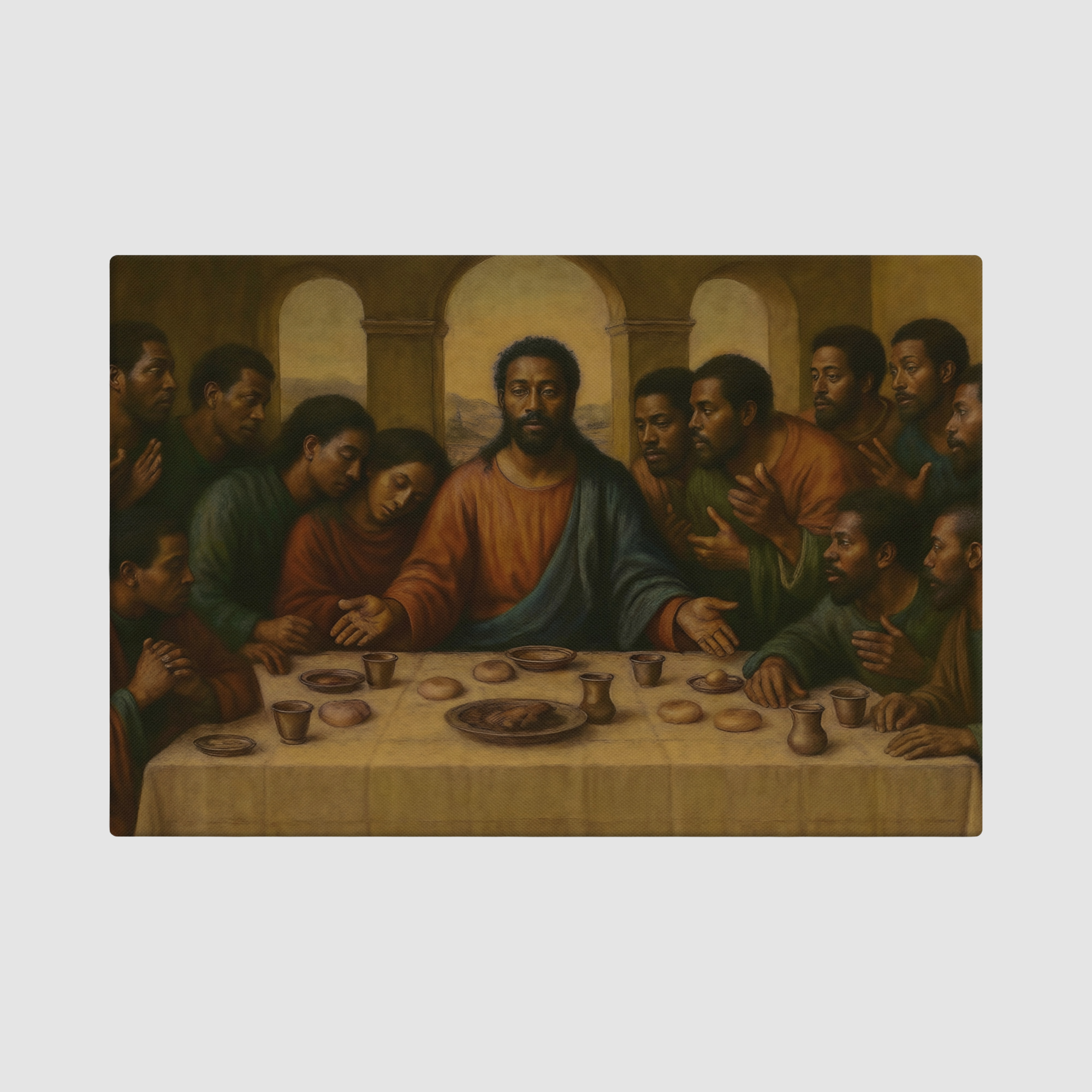 Painting of a religious scene with figures around a table