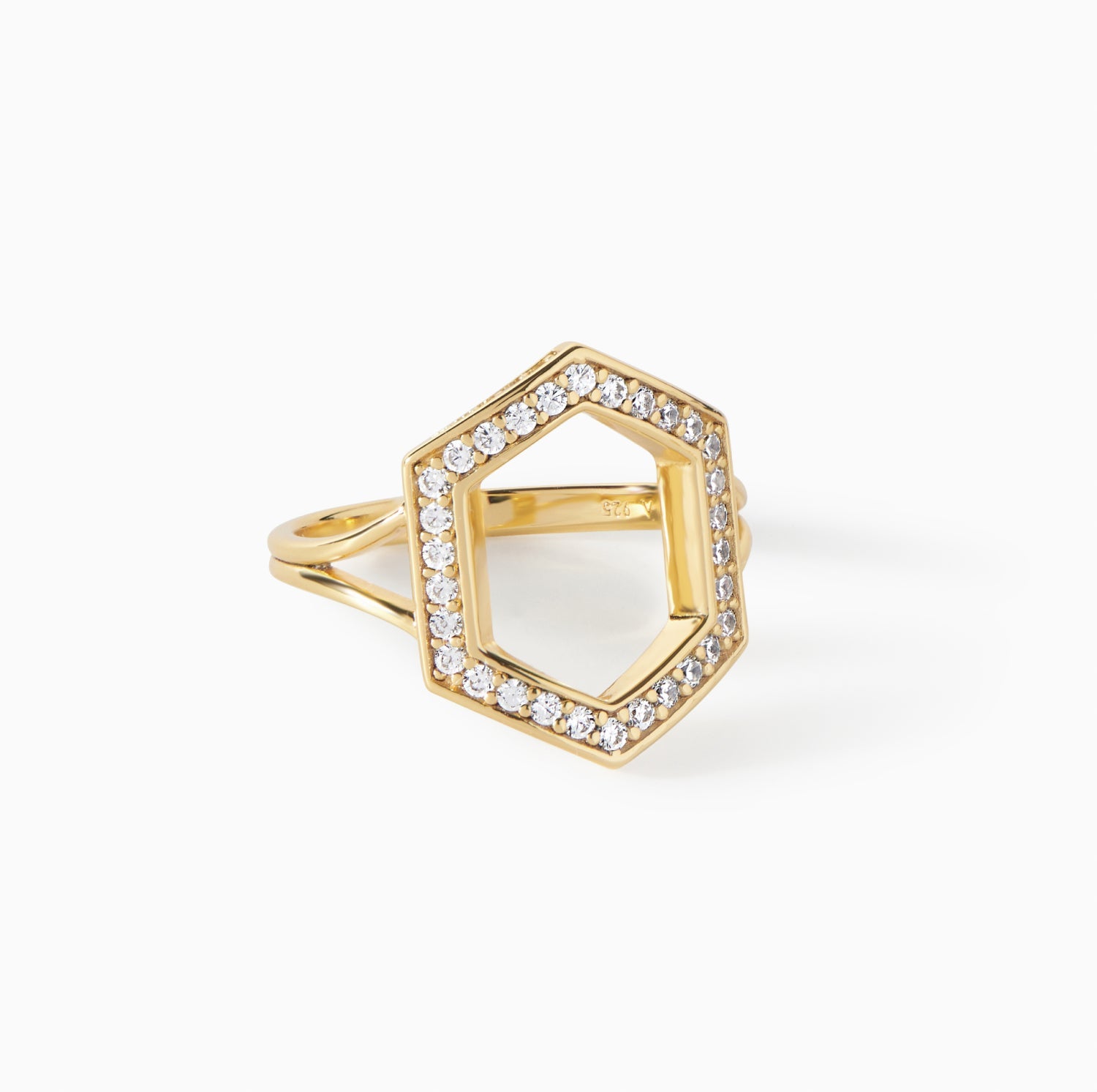 Detail of the open hexagon form on the gold vermeil Ora Ana Donna Ring