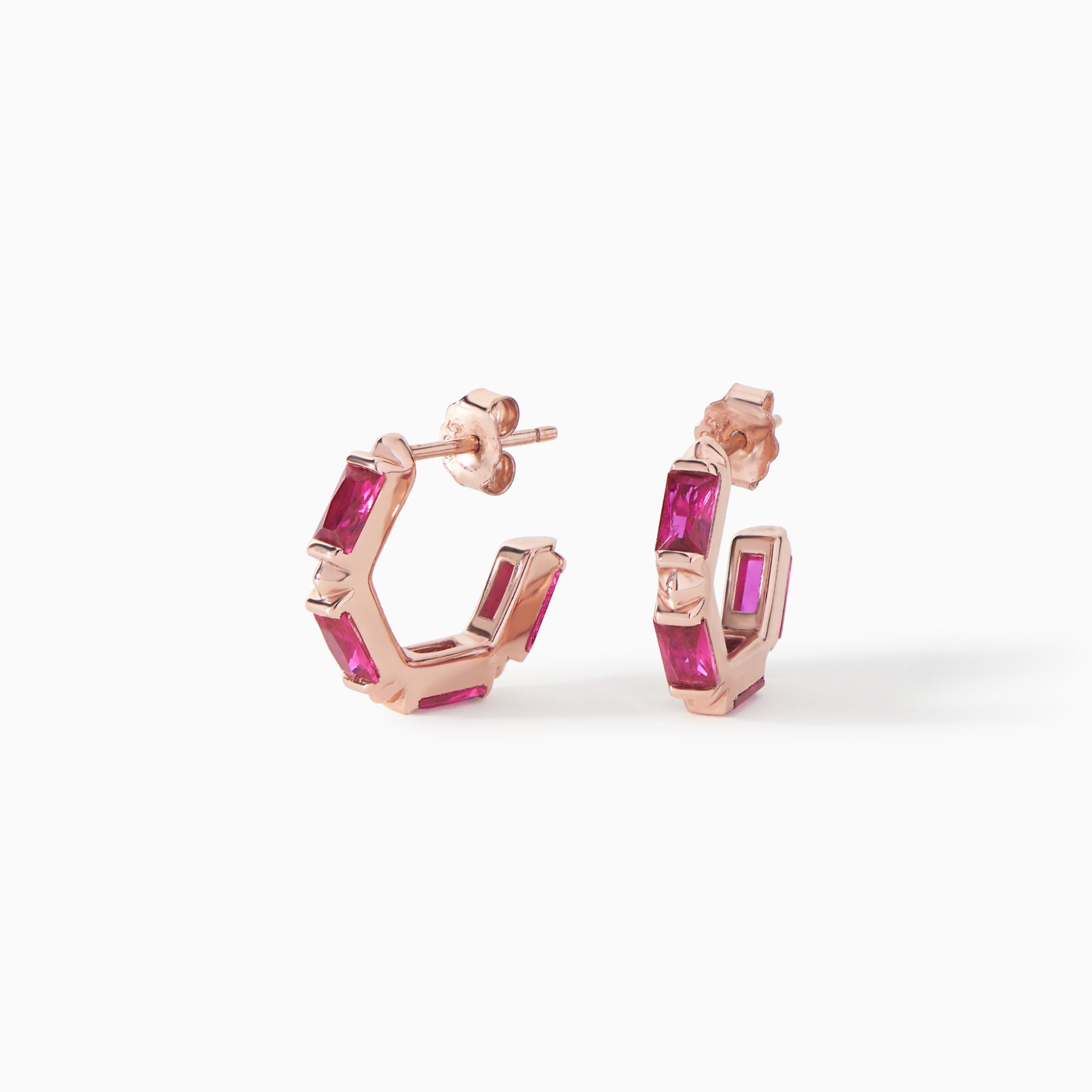 Claire Huggie Hoops in rose gold vermeil with ruby CZ from Ora Ana